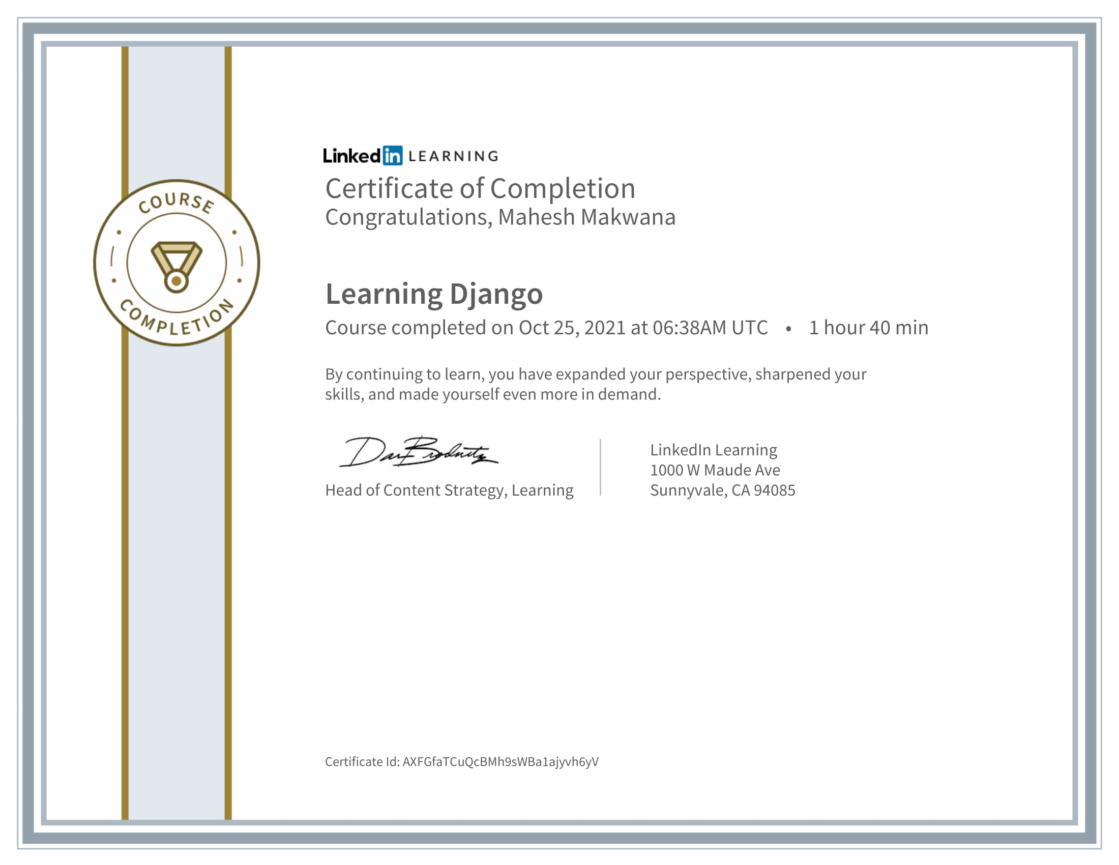 Django – LinkedIn Learning Certificate – Mahesh Makwana