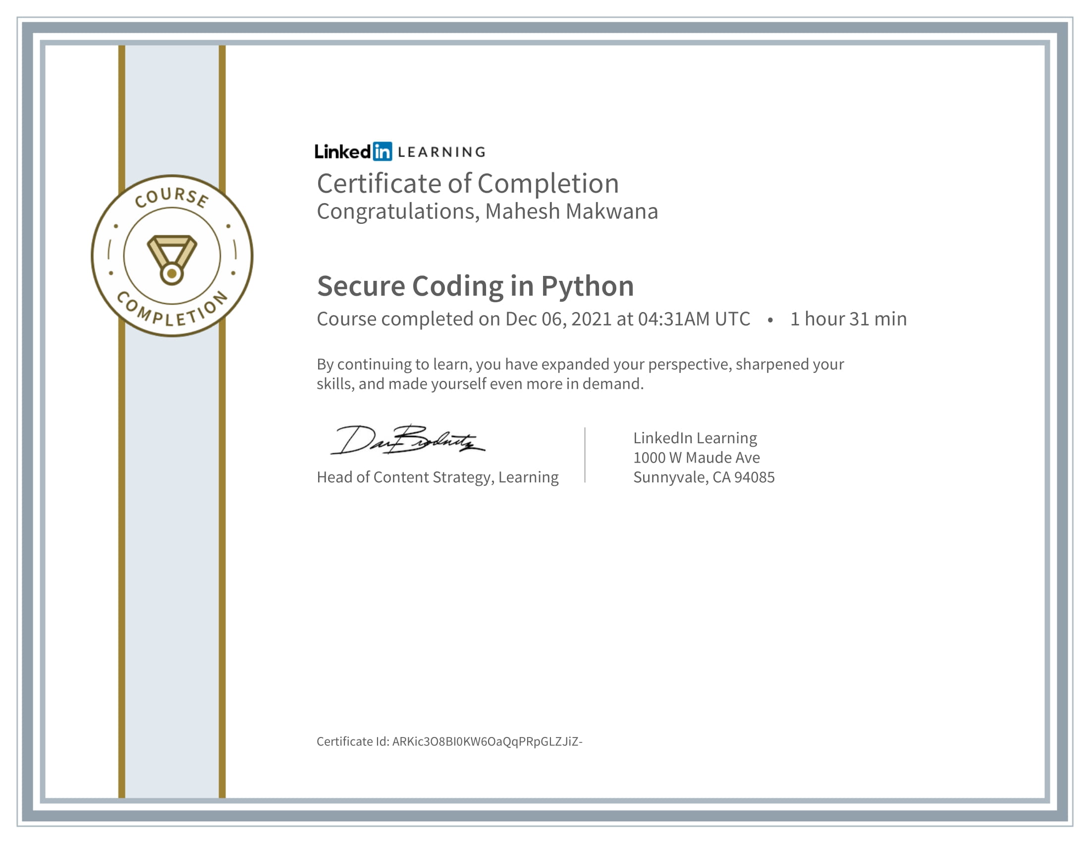 Secure Python – LinkedIn Learning Certificate – Mahesh Makwana